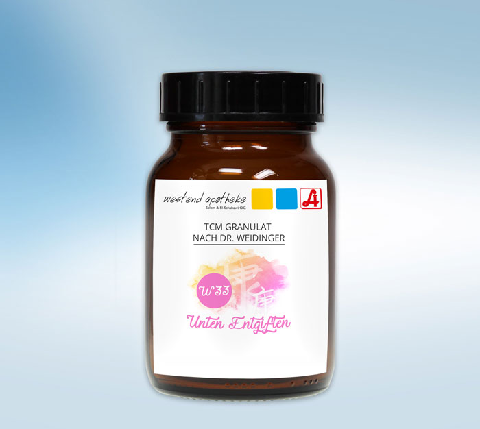 100g Weidinger Mischung W33 "Unten entgiften" in einem braunen Glastiegel