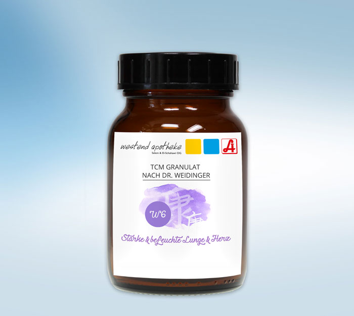 100g Weidinger Mischung W6 "Stärke und befeuchte Lunge und Herz" in einem braunen Glastiegel
